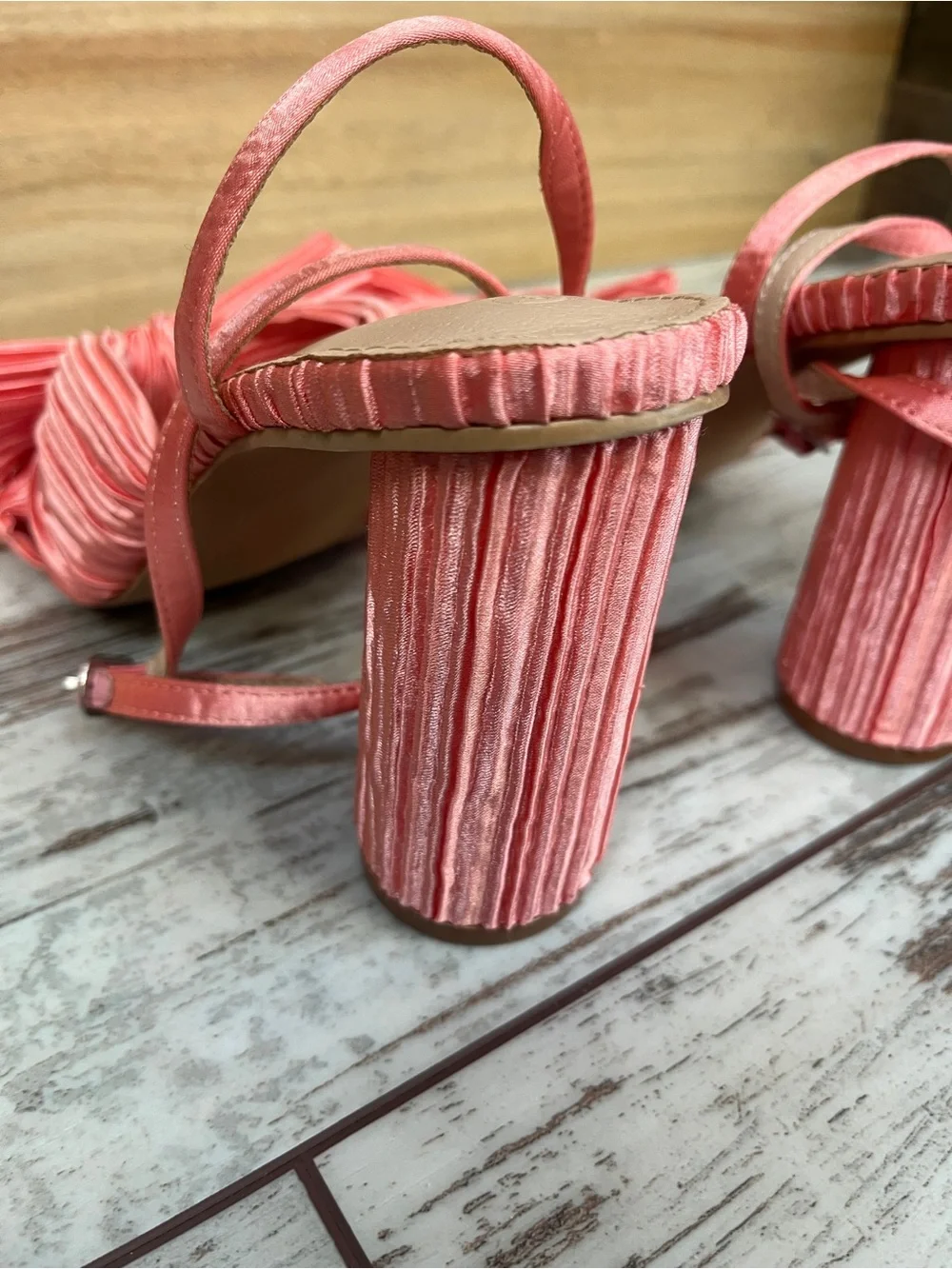 Bow Knot Block Heel Sandals Womens 9 NWOT Pink Coral Bridal Wedding Ankle Strap